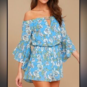 Lulu's Stay Sweet Blue Floral Size M Off the Shoulder Chiffon Romper